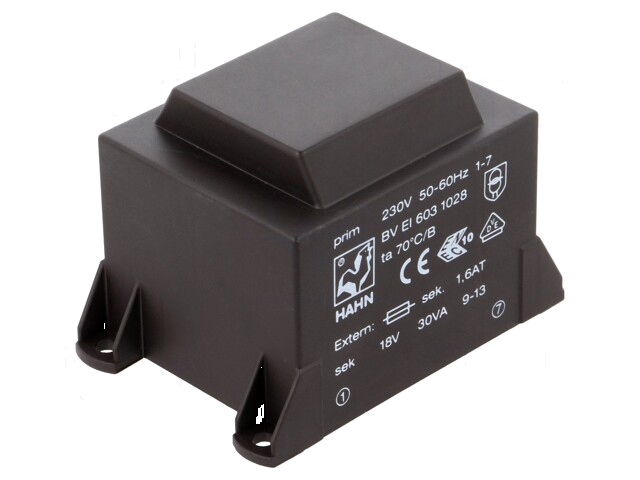 Transformator: ingegoten; 30VA; 230VAC; 18V; 1667mA; PCB; BVEI Transformator: ingegoten; 30VA; 230VAC; 18V; 1667mA; PCB; BVEI
